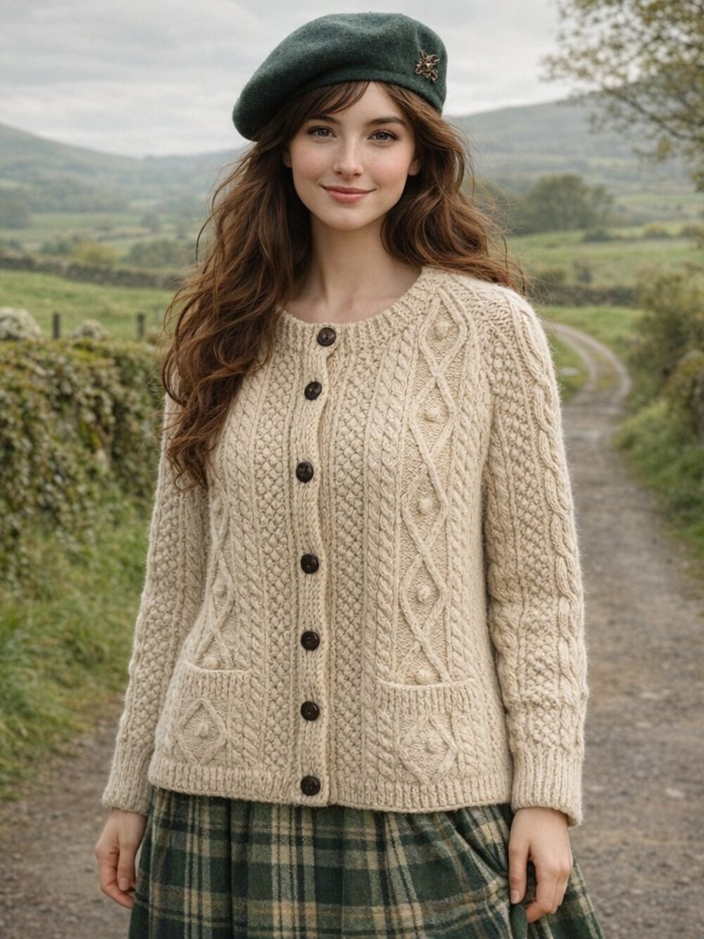 Barnas-Mor Hand‎ Knit Donegal Ireland Wool Aran Cable Cardigan Sweater Cream